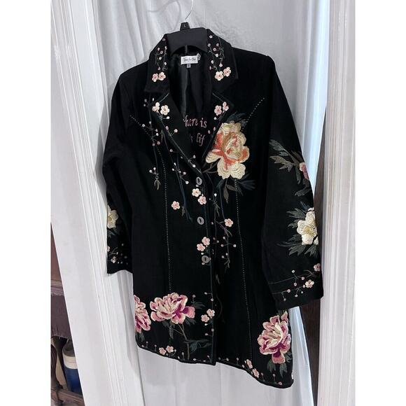 Time For Me Black Floral Embroidered Denim Button Up Coat S - Picture 1 of 7